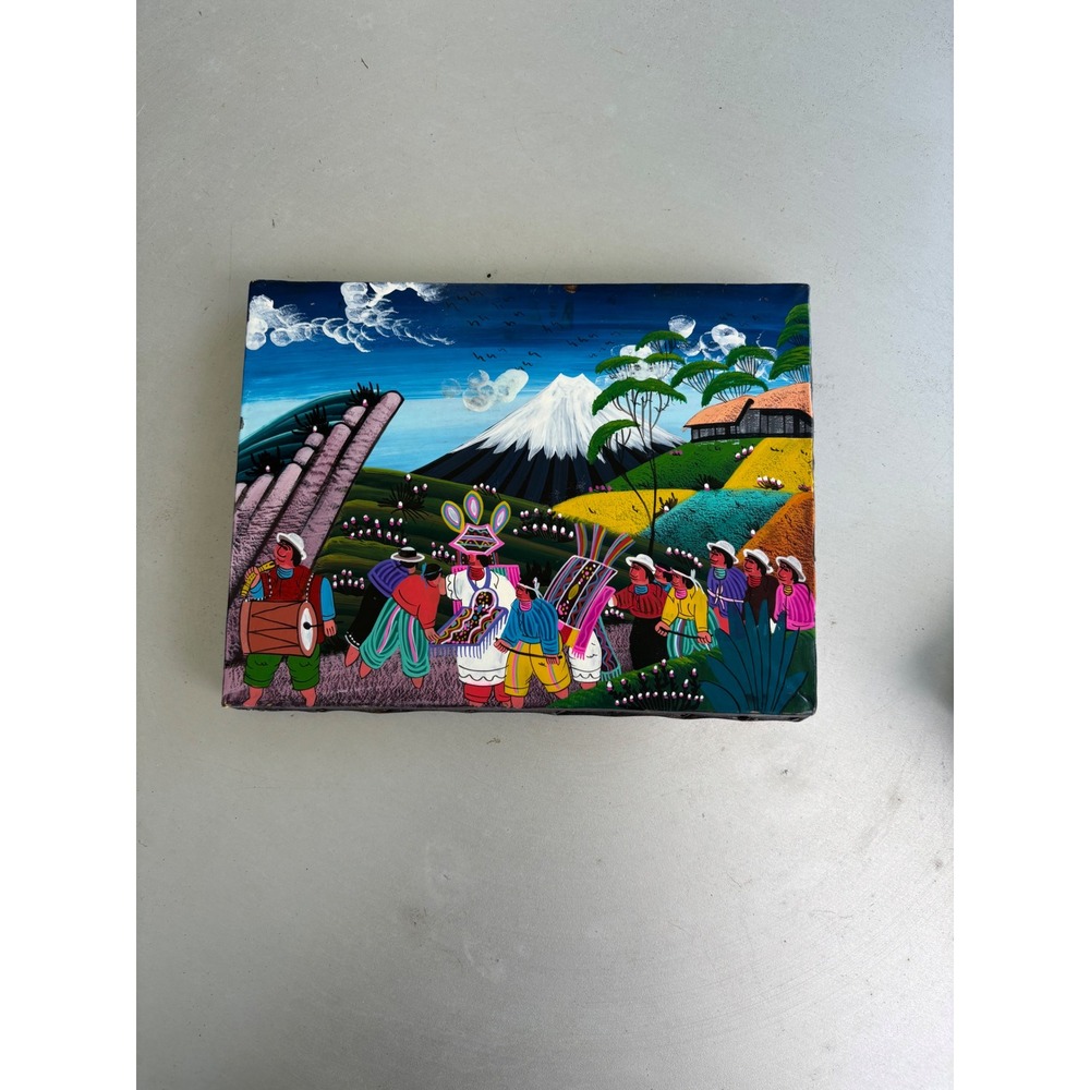 Vintage Folk Art Painting Parade Enamel on Stretched Hide Mountain Scene 6x8